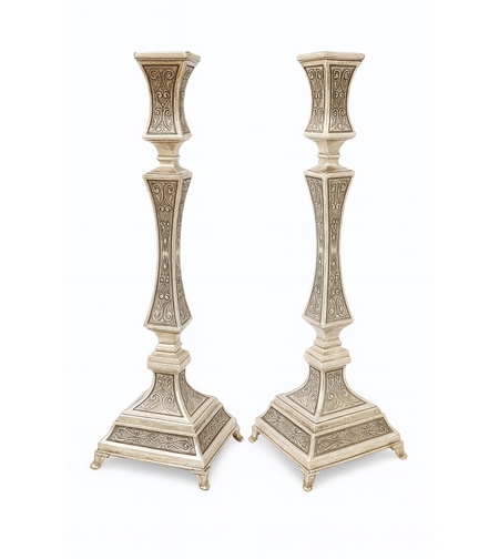 A pair of M pure silver decorated shintas candlesticks