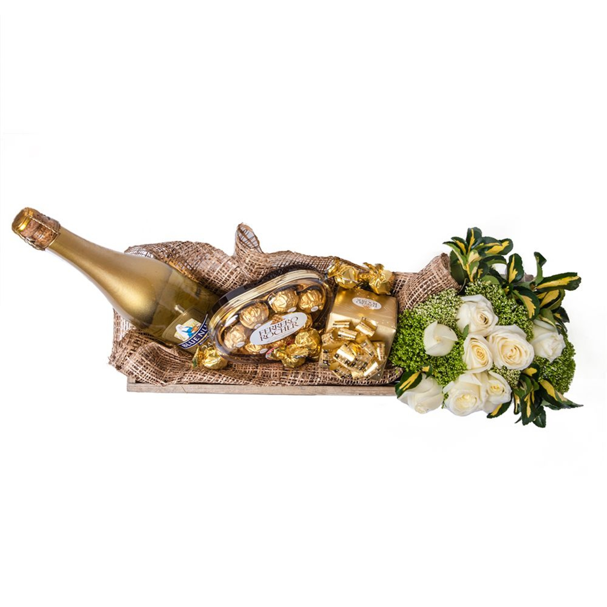 מארז פרחים, שוקולד ויין בקופסה עץ