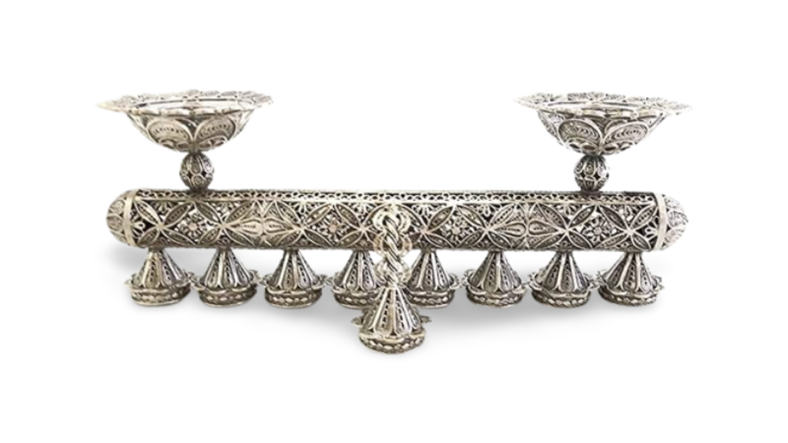 Filigree menorah + pure silver candlesticks