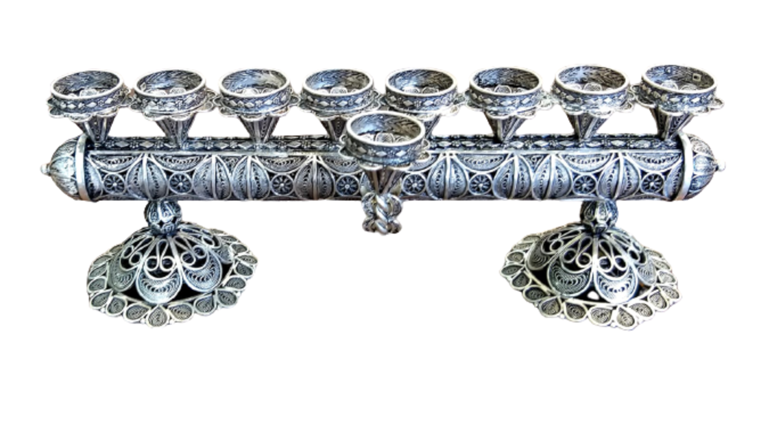 Filigree menorah + pure silver candlesticks