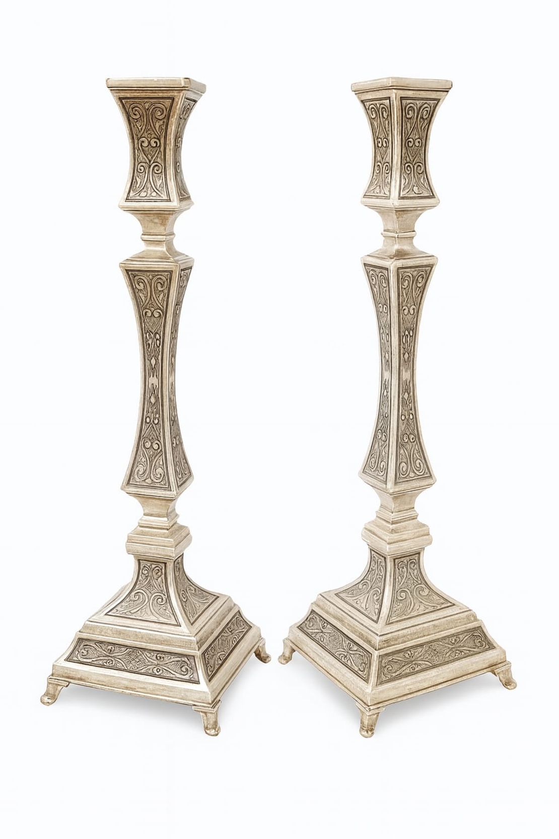 A pair of M pure silver decorated shintas candlesticks
