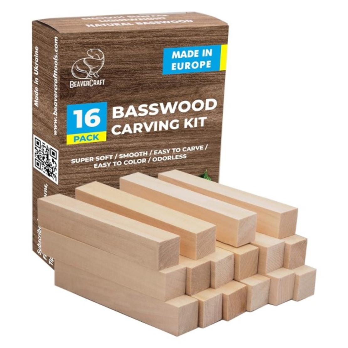 סט 16 יח' עץ לגילוף דמויות, תרזה או טיליה BEAVERCRAFT